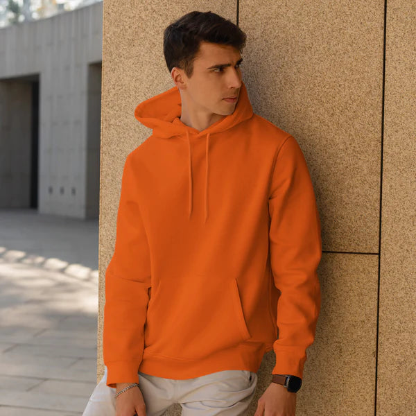 Orange Plain Fleece Full Sleeves Pull Over Hoodie