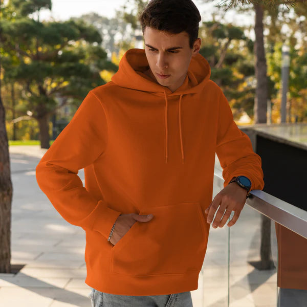 Orange Plain Fleece Full Sleeves Pull Over Hoodie